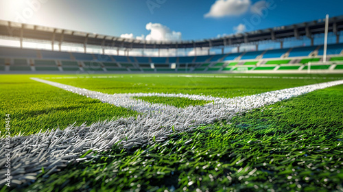 An immaculate view of a football field from the goal line, looking towards the midfield with perfect turf and line markings, large copy space in the background stands.