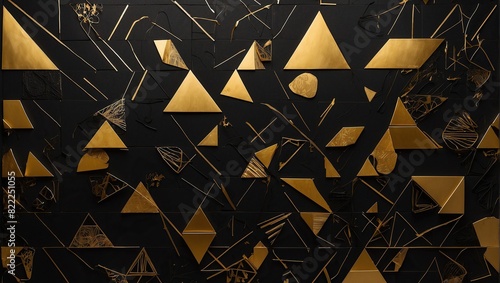The image is a dark background with gold geometric shapes. The shapes are mostly triangles and squares, and they appear to be randomly arranged.