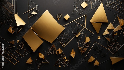 The image is a dark background with gold geometric shapes. The shapes are mostly triangles and squares, and they appear to be randomly arranged.
