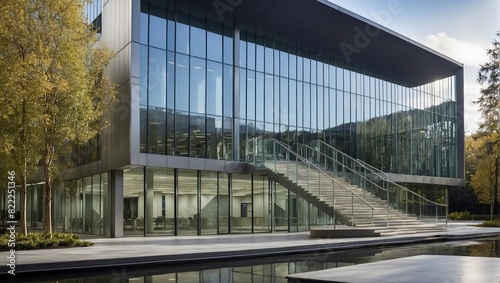 The image is of a modern glass and steel office building with a reflecting pool in front of it.