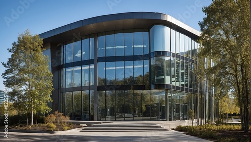 The image is of a modern glass and steel office building with a reflecting pool in front of it.