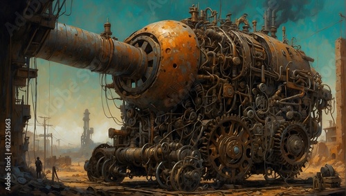 A menacing dieselpunk creation emerges, a jumble of mismatched metal and steam-powered contraptions fused together in an ominous collage.