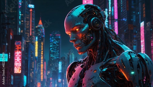 A twisted, glitching cyborg with wires snaking out of its body, illuminated by neon lights in a sprawling cityscape