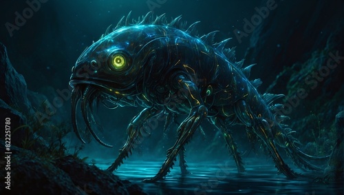 An electrifying gothic insectoid fishlike creature emerges from the depths, its chitinous exoskeleton shimmering with an otherworldly sheen.
