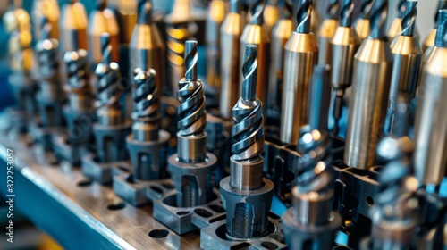 A close-up of various drill bits organized in a rack. The metal tools are shiny and reflect light.