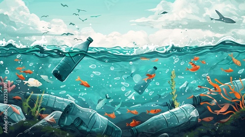 An illustration showing the detrimental effects of ocean pollution caused by plastic bottles and microplastics.