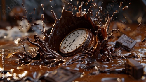 Vintage pocket watch submerged in a splash of chocolate for time and chocolate themed designs