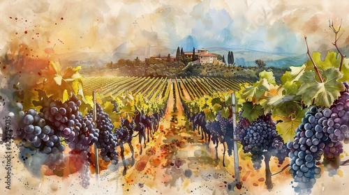 watercolor painting of a bountiful vineyard with ripe grapes ready for harvest