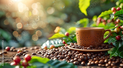 Morning Coffee Cup Amidst Fresh Coffee Beans and Plants