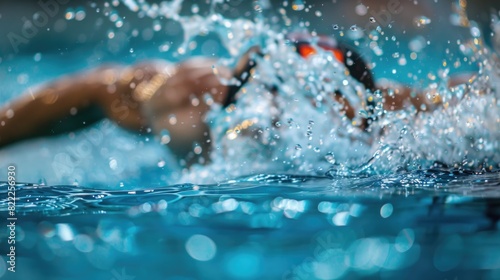 Close-up of water splashing as a swimmer makes a turn at the pool wall