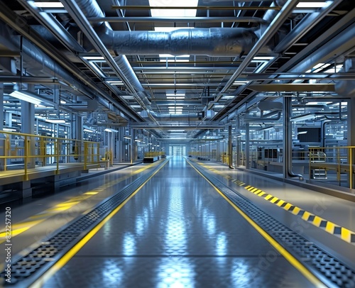 Industrial zone Interior of factory building Steel pipelines and cables in blue tones