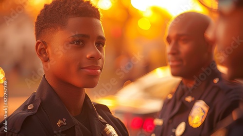 police training exercise, an african american sergeant supporting a young hispanic police cadet in a training exercise with police vehicles in the background under early morning light