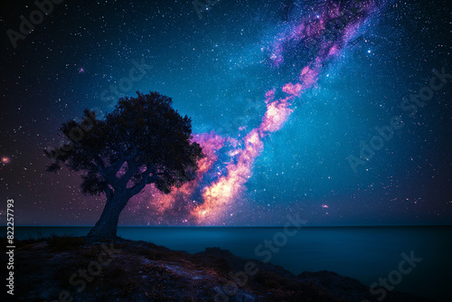 Beautiful milkyway on a night sky. Silhouette of a еree against the night sky.