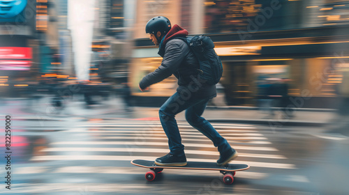 A man in a jacket with a backpack rides a skateboard through the city streets