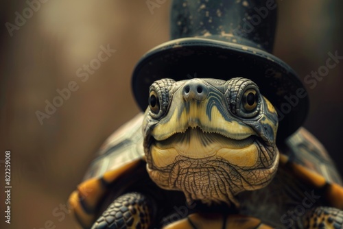 Meet our charming and dapper reptile friend, a smiling and jolly turtle wearing a stylish bowler hat and a snazzy vest.