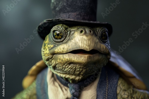 Meet a delightful turtle with a big smile, dressed in a charming bowler hat and a dapper vest.