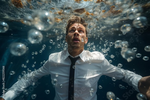 A professional dressed in a white shirt underwater, representing the concept of being overwhelmed by work or stress The clear, blue water and bubbles create a striking, intense visual