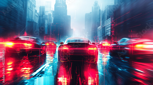 Digital art of luxury cars driving through the city, with glitch effects and neon lights