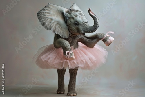 A delightful and playful image of an elephant wearing a ballerina costume, complete with a fluffy tutu and dainty ballet shoes.