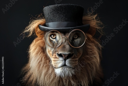 A charming lion with a beaming smile, adorned in a dapper bowler hat and a sophisticated monocle.