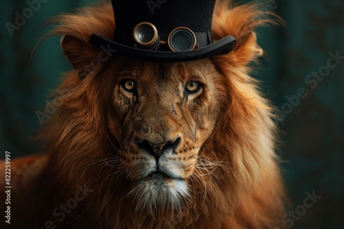 A joyful lion adorned with a fancy bowler hat and a sophisticated monocle, exuding whimsy and cheerfulness.