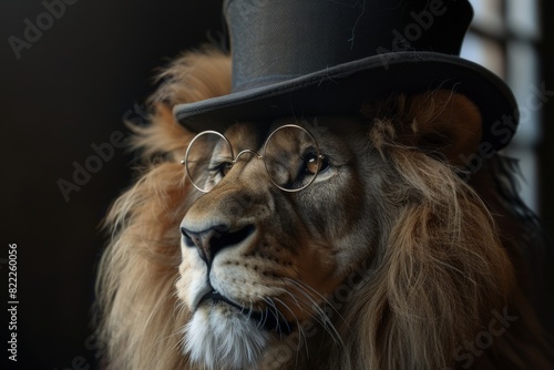 A joyful lion wearing a dapper bowler hat and a stylish monocle, radiating whimsy and cheer.