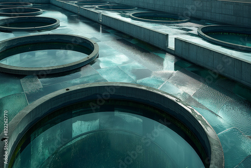 Industrial aeration tanks with rusted structures in a water treatment facility, showcasing the purification process.