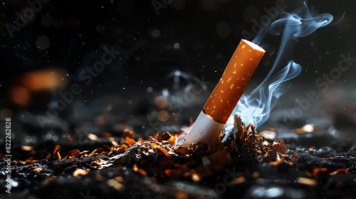 Cigarette butt with smokes and forbidden sign, world no tobacco day concept banner background, generative ai