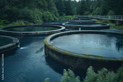 Industrial aeration tanks with rusted structures in a water treatment facility, showcasing the purification process.