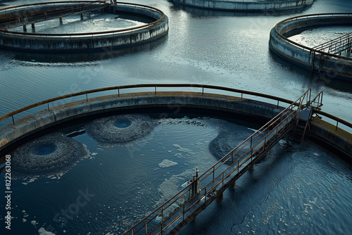 Industrial aeration tanks with rusted structures in a water treatment facility, showcasing the purification process.