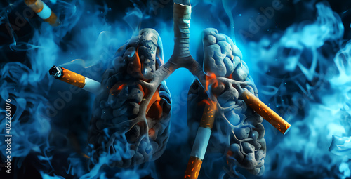 Harmful effect of cigarettes on the lung, burning lung with smokes, world no tobacco day concept background, generative ai