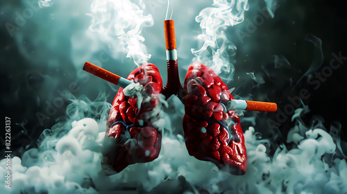 Harmful effect of cigarettes on the lung, burning lung with smokes, world no tobacco day concept background, generative ai