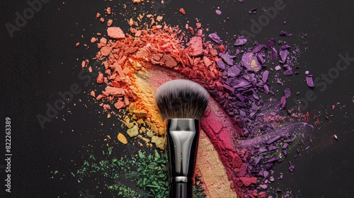 A makeup brush sits in a vibrant explosion of colorful eyeshadow on a black background.