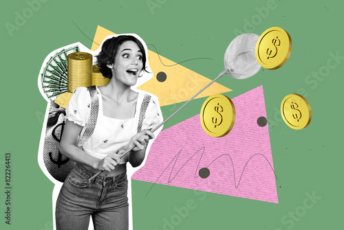 Creative collage young excited girl collect catch golden coins dollars currency btc rucksack millionaire successful trader investor