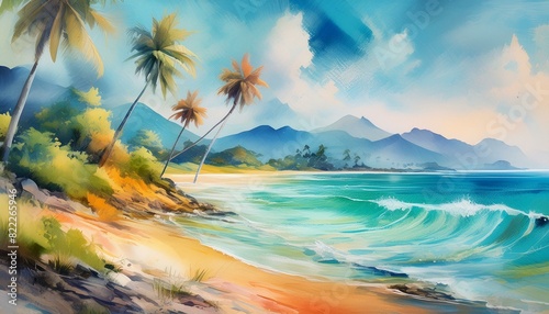 Illustration of a summery landscape of ride blue, vivid green, and beautiful sandy beach reminiscent of a tropical seaside. Watercolor paintings with a fantastic and gentle touch. Tropical palm trees 