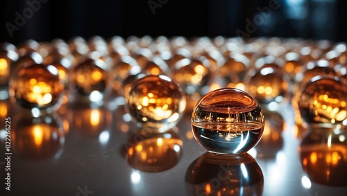 There are three glass balls on a reflective surface. The glass balls are filled with a liquid and have a small bubble inside. There are many other glass balls in the background, all with different col