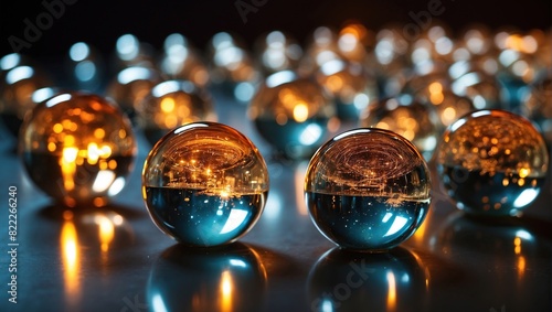There are three glass balls on a reflective surface. The glass balls are filled with a liquid and have a small bubble inside. There are many other glass balls in the background, all with different col