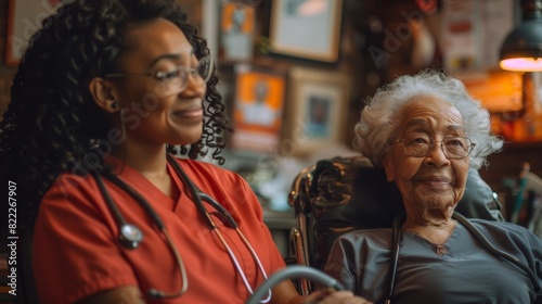medical rehabilitation, a caring indian nurse helps an elderly african american woman with physical therapy in a rehab center, with medical gear and motivating posters on walls