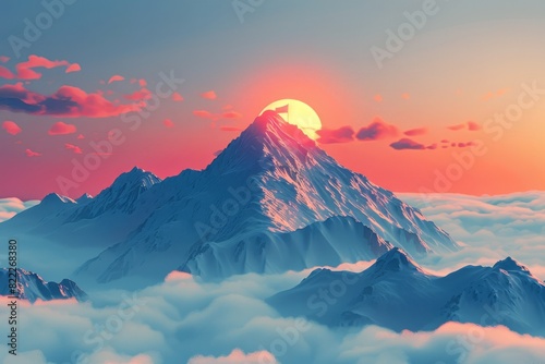 banner illustrating conquering new heights concept with a flag on mountain peak