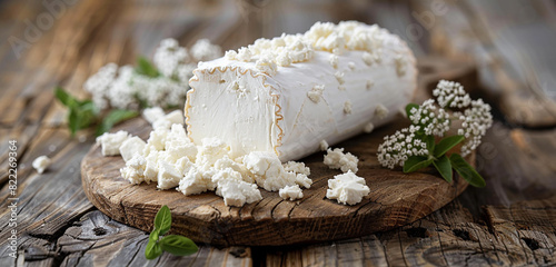 A log of creamy goat cheese isolated on a rustic wooden platter, with its tangy flavor and crumbly texture.