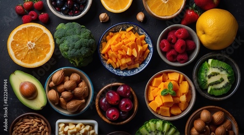A vibrant display of healthy foods arranged symmetrically on a dark surface, illustrating balanced diet concepts