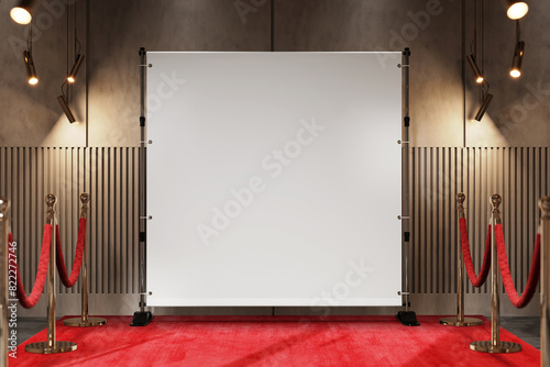 Square backdrop banner with red carpet mockup. 3D rendering