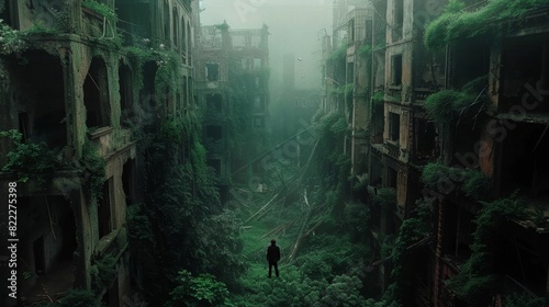 An abandoned city overtaken by nature with vines and foliage creeping up the buildings as a person stands in the center lost in thought about the role of digital currency in a postapocalyptic