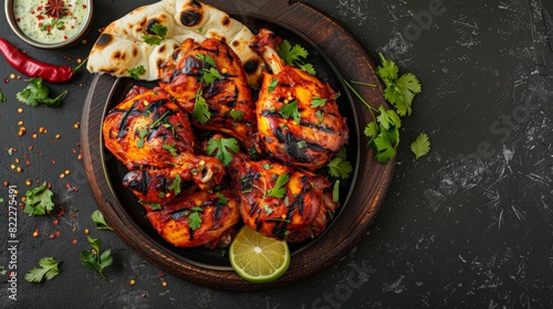 Top view of Indian tandoori chicken with naan, using the rule of thirds, with ample copy space