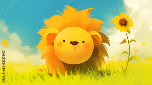 Leão em um campo com flores de girassol - Ilustração infantil fofa, delicada e alegre - arte colorida
