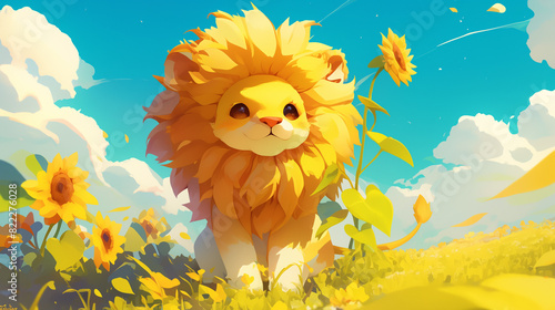 Leão em um campo com flores de girassol - Ilustração infantil fofa, delicada e alegre - arte colorida