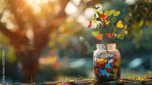 gratitude jar with notes of appreciation, tree with leaves expressing thankfulness, board with messages from community. cultivate joy, abundance, positive relationships in daily life.