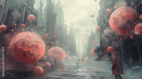 Surreal Dystopian Cityscape with Mysterious Floating Spheres in Dramatic Storm