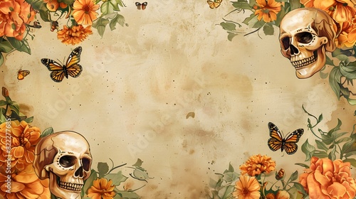 Vibrant Day of the Dead Watercolor Border with Skulls Florals and Butterflies