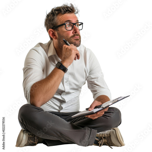 A man sits on the floor with a pen and a clipboard in front of him, isolated on transparent background